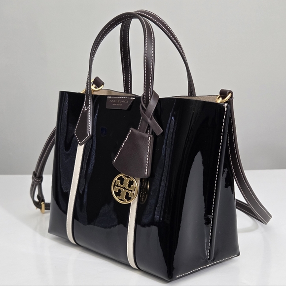EXCELLENT TORY BURCH PERRY PATENT SMALL TRIPLE COMPARTMENT TOTE BAG - BLACK - Picture 4 of 11